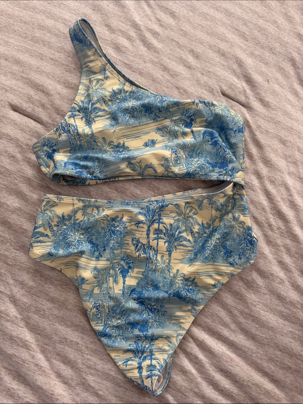 Noli One Shoulder Bikini Set Medium Blue Tropical Tiger Print Swimwear